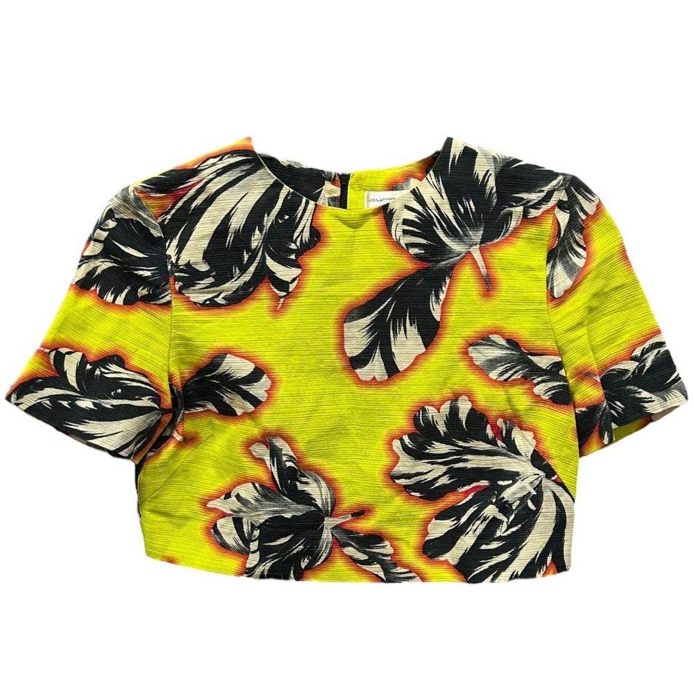 Jonathan Saunders Women’s Short‎ Sleeve Yellow Leaf Print Crop Top  Sz 32